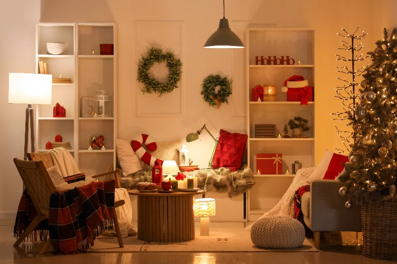 Blog 1 Interior of dark living room with glowing lamps and Christmas tree